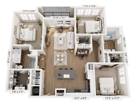 Floor plan for 3 beds, 2 baths, 1384 sqft